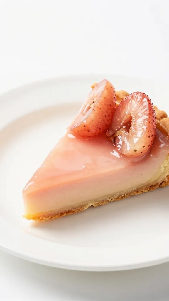 Closeup of blush fruit tart slice on white china