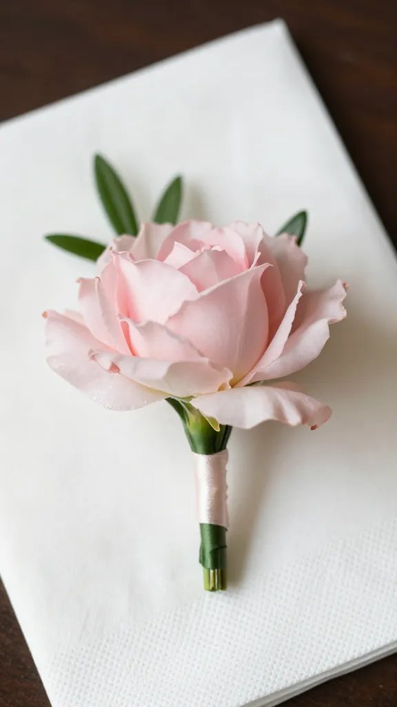 Closeup of pale pink floral boutonniere on napkin