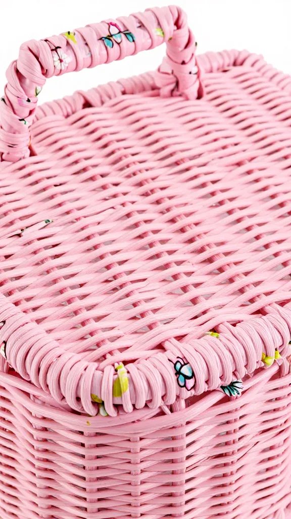 Closeup: pink rattan picnic basket lid detail with floral fabric