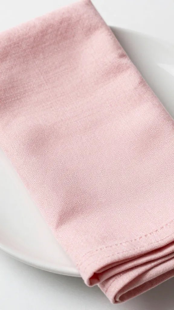 Closeup: blush pink linen napkin folded under ceramic plate