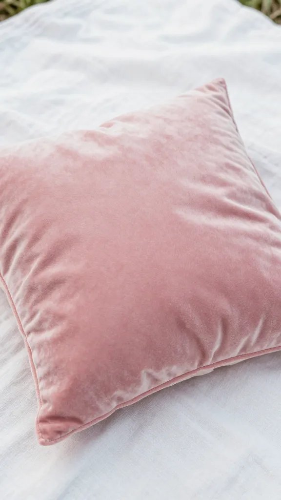 Closeup: rose velvet cushion on pastel picnic blanket texture