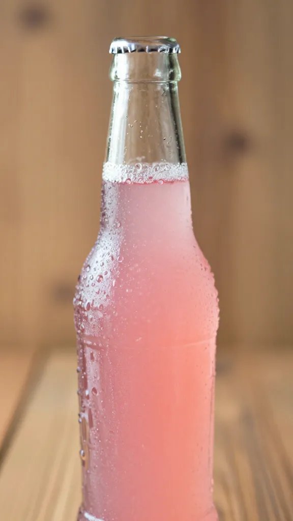 Closeup: pink glass soda bottle with condensation on wood