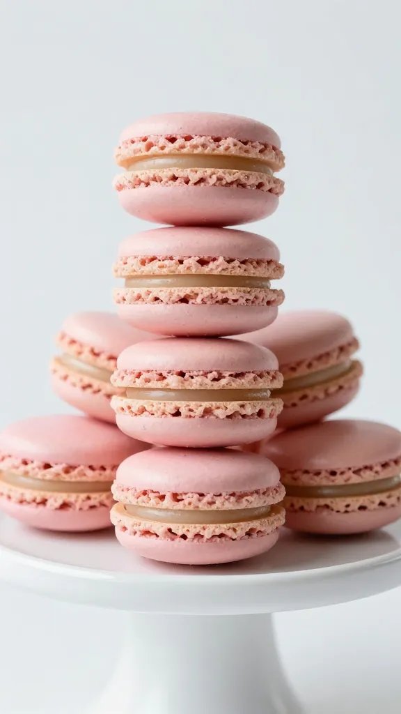 Closeup: macaroon stack in soft pink tones on white pedestal