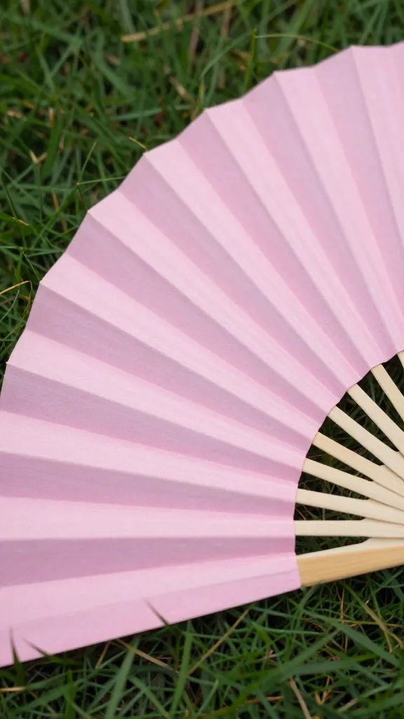 Closeup: pink paper fan with subtle pattern on grass
