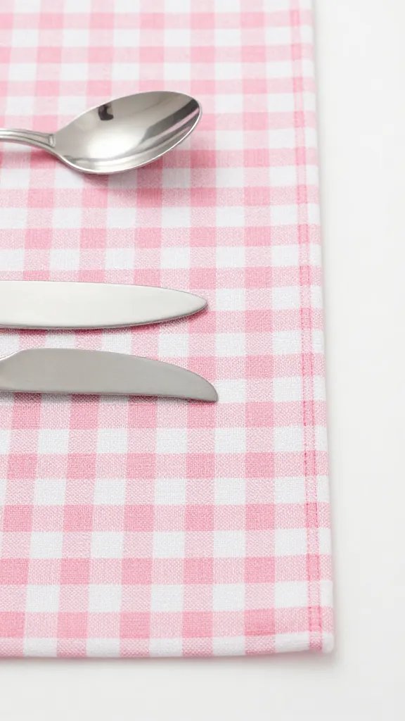 Closeup: pastel pink gingham placemat edge with silverware