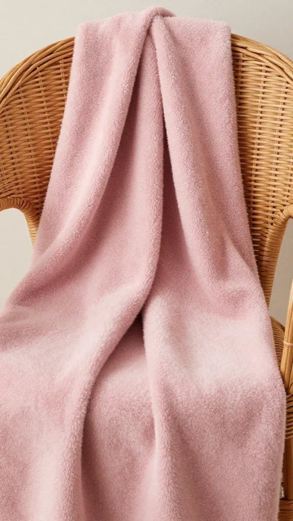 Closeup: dusty rose throw blanket draped over wicker chair