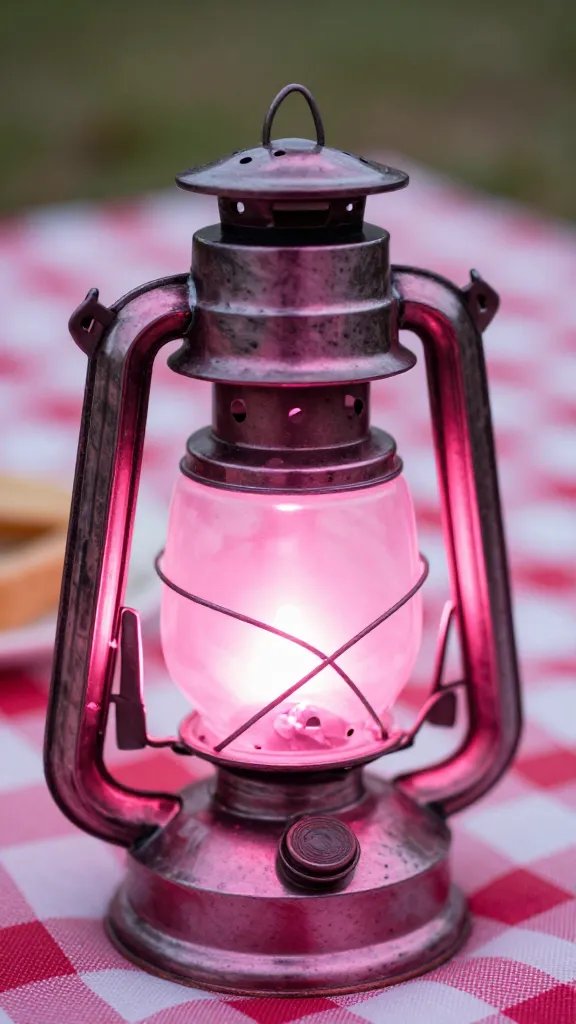 Closeup: pink-tinted glass lantern glow on picnic setup