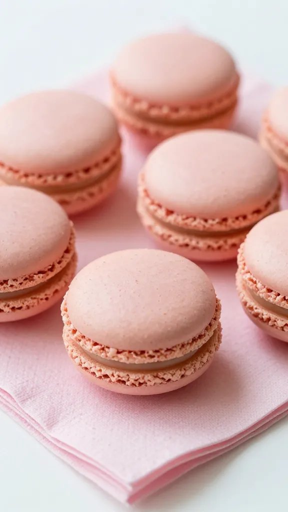 Closeup of blush macarons on pale pink napkin