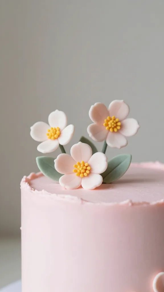 Closeup of delicate floral cake topper on pink cake