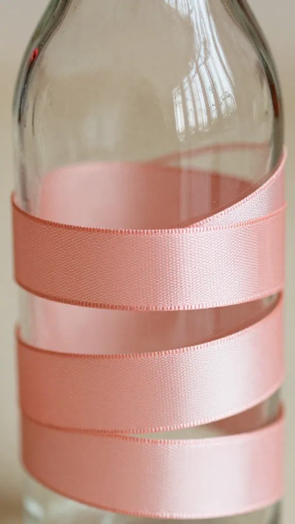 Closeup of peach pink ribbon wrapped around a glass bottle