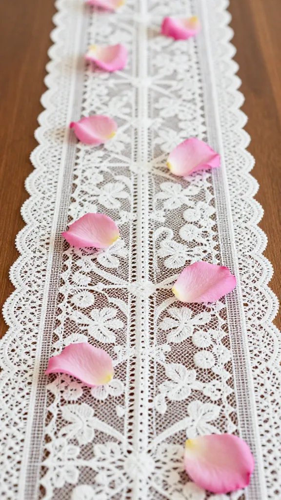 Closeup of cotton lace table runner with pink rose petal accents