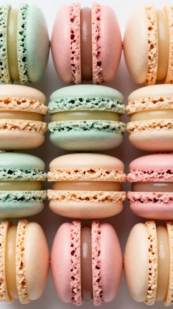 Closeup of pastel macarons stacked in a single row