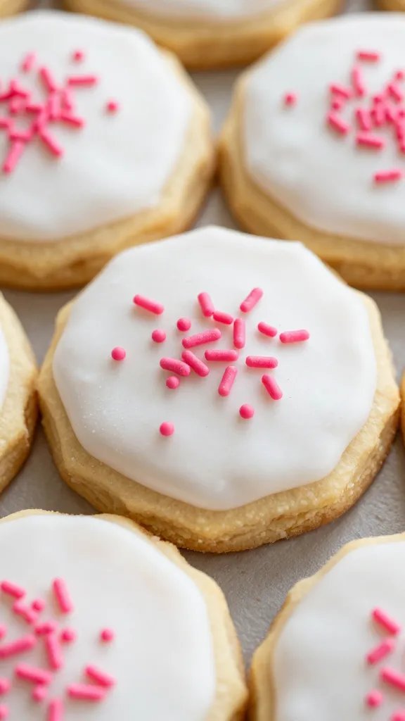 Closeup of frosted sugar cookies with pink sprinkles