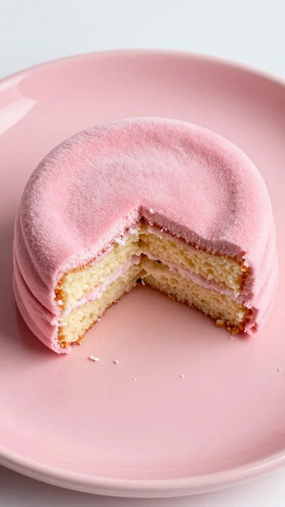 Closeup of velvet pink dessert plate with bite of cake