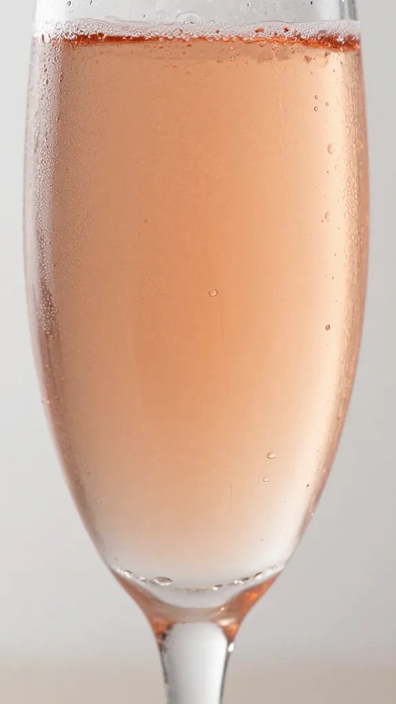 Closeup of blush-colored champagne flute with condensation