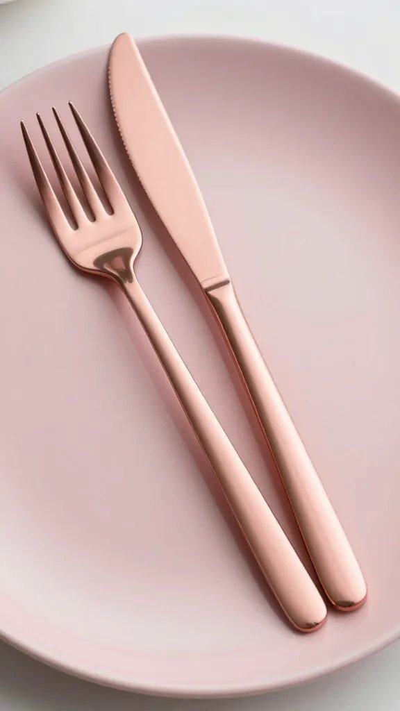 Closeup of rose-gold cutlery resting on pink charger plate