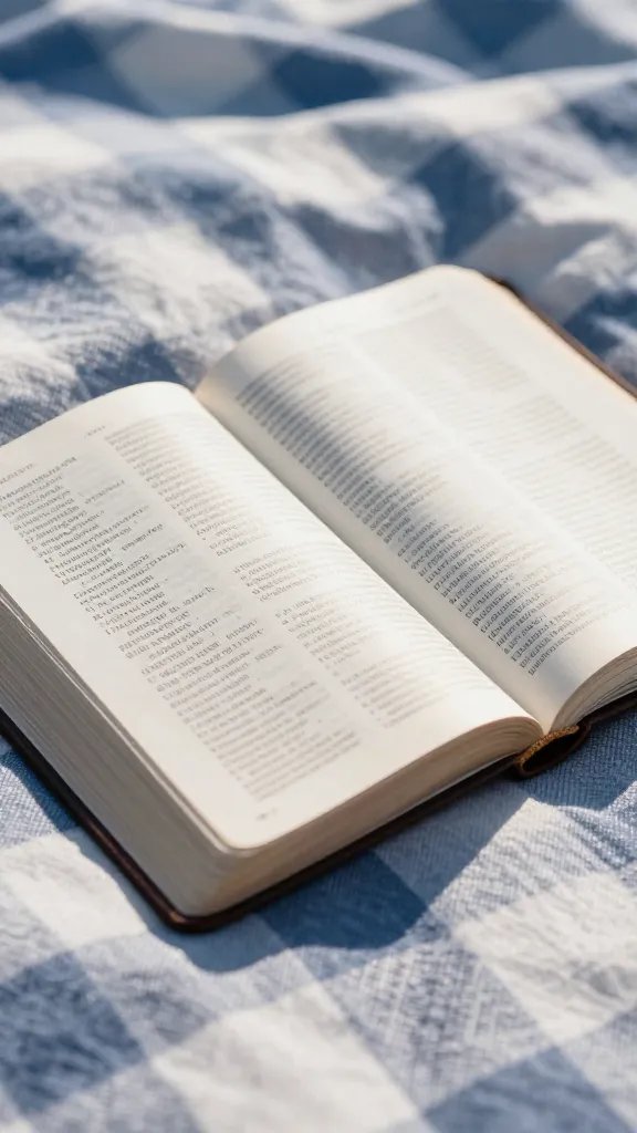 closeup of a Bible on a picnic blanket, sunlight bowing across pages