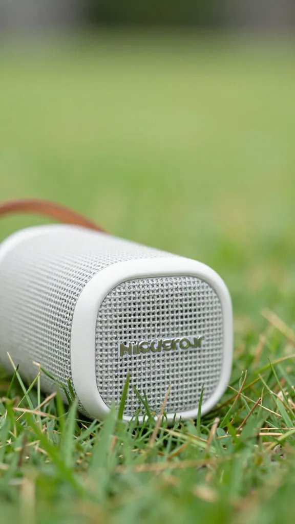 closeup of a portable speaker on picnic grass, soft focus background