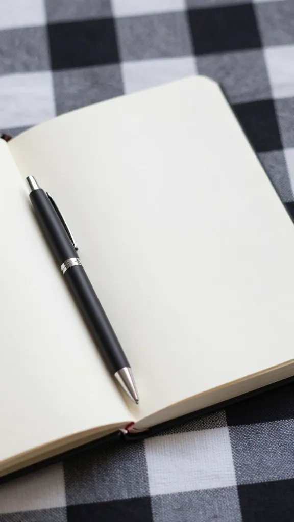 closeup of an open notebook and pen on checkered blanket