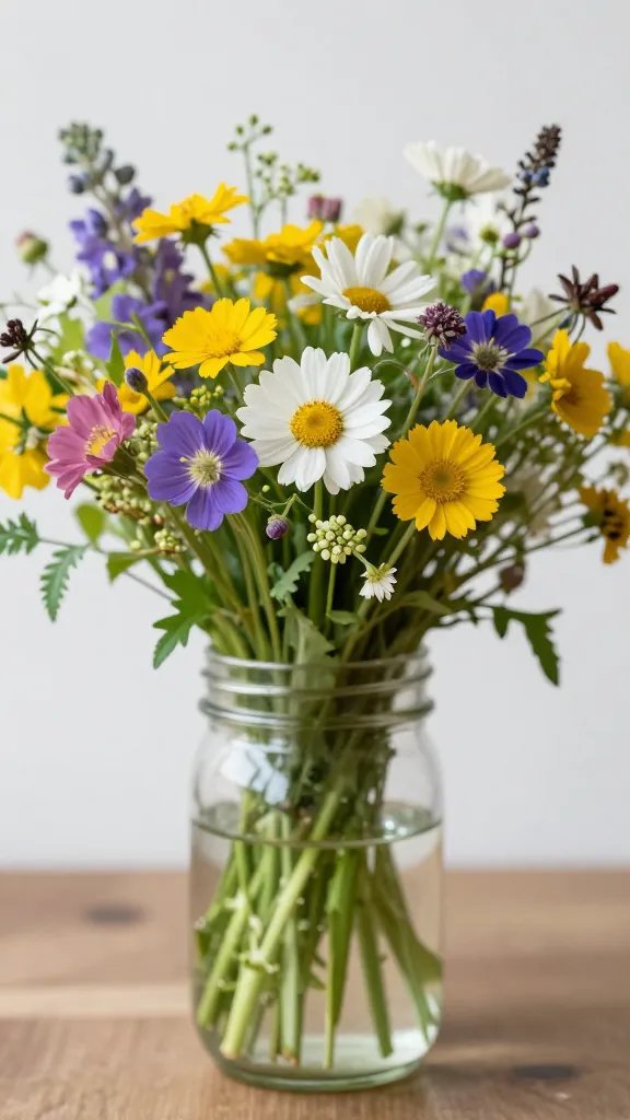 closeup of a blooming wildflower bouquet in a mason jar centerpiece