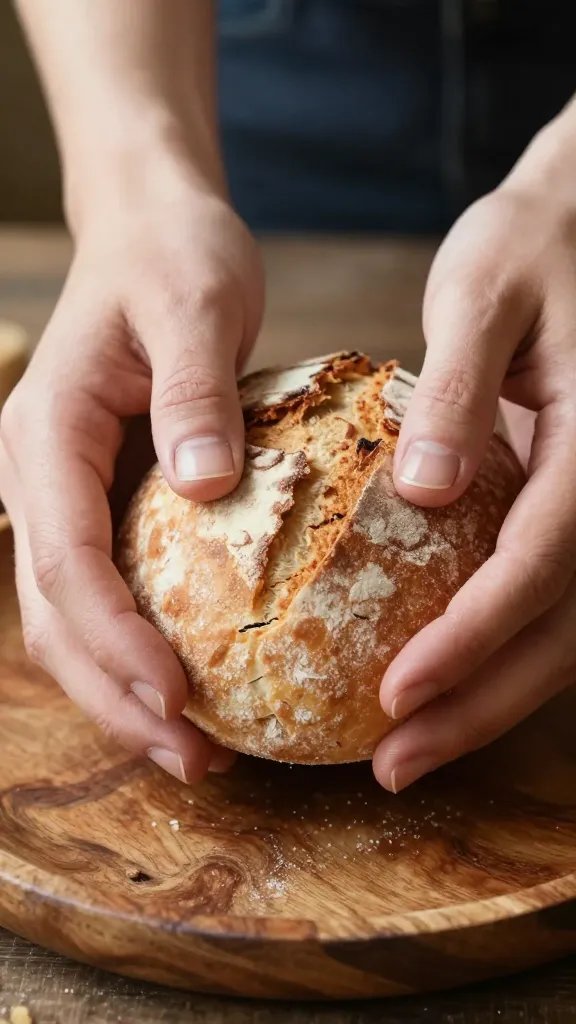 closeup of hands sharing bread over a rustic wooden plate