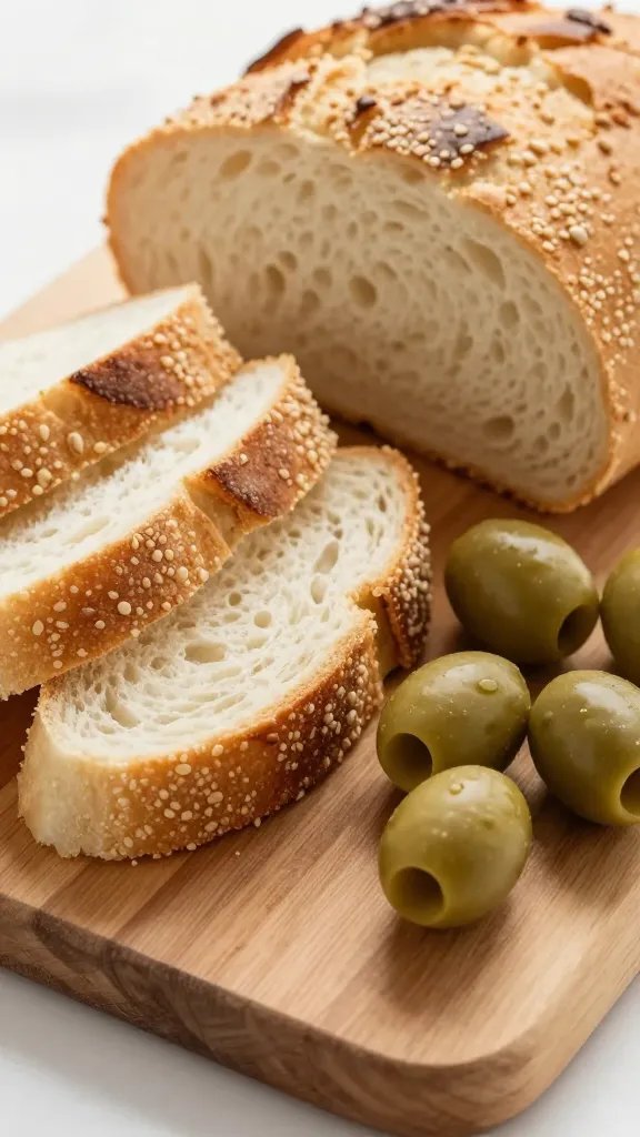 closeup of a wooden cutting board with sliced bread and olives