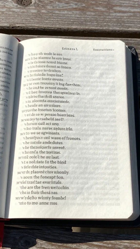 closeup of a sunlit Bible page with a highlighted verse at a picnic table