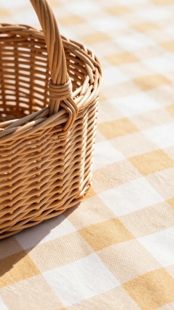 closeup of a single sunlit picnic blanket corner with wicker basket