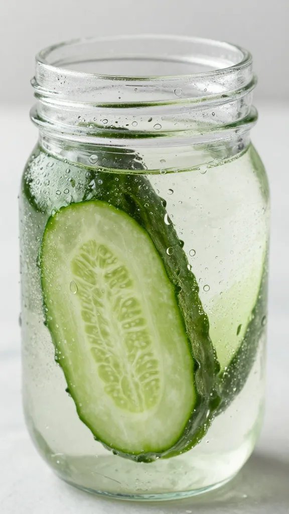 closeup of a single mason jar cucumber water with condensation