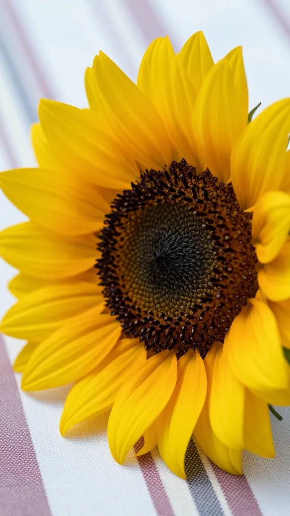 closeup of one sunflower centerpiece on a striped picnic tablecloth