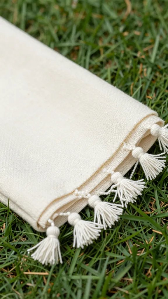 closeup of one folded fabric napkin with tassels on grass