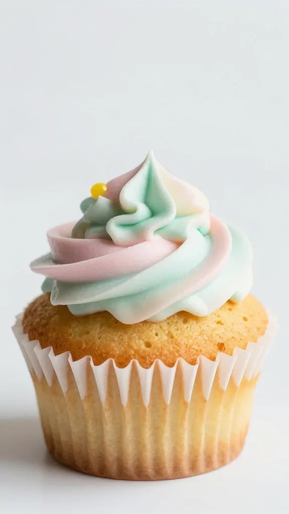 closeup of a single golden cupcake with pastel icing