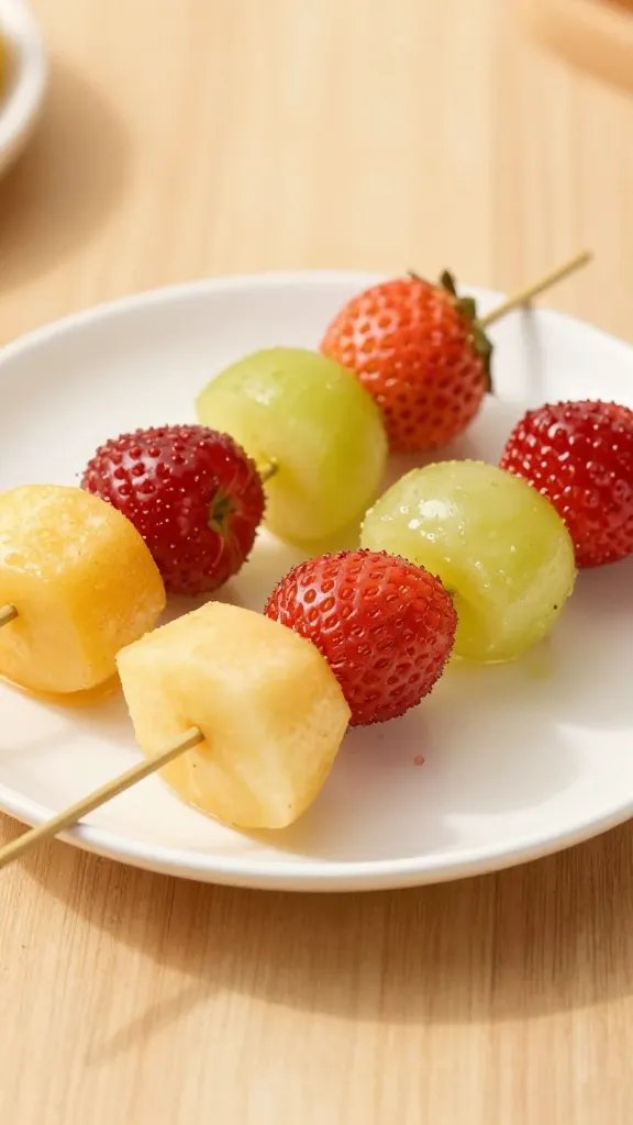 closeup of a single plate of fruit skewers on wood
