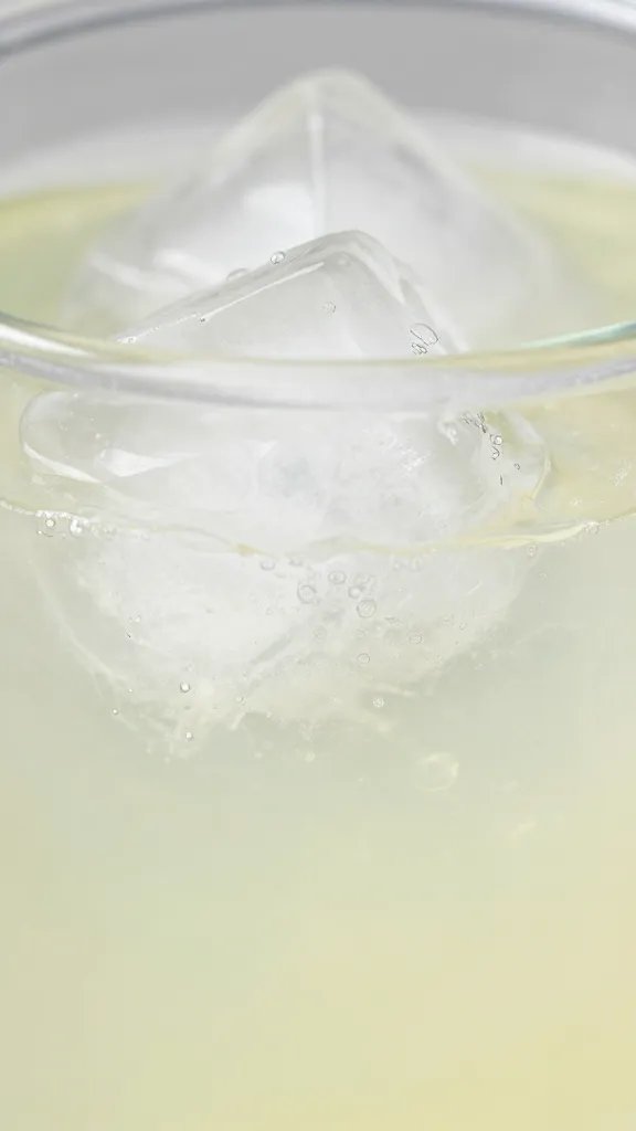 closeup of one ice cube melting in a glass of lemonade