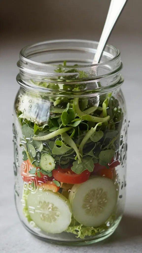 closeup of a single mason jar salad jar with fork handle visible