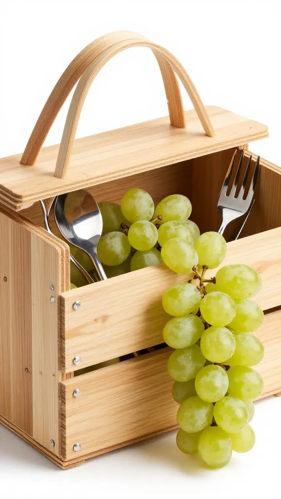 Closeup of a single wooden picnic bag with utensils and grapes spilling out