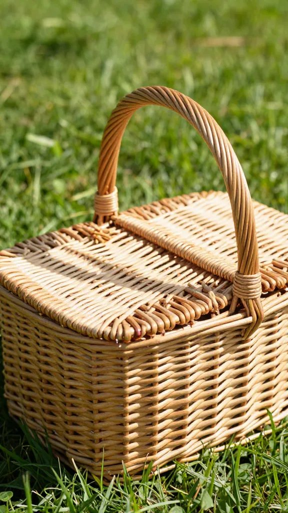 Closeup of a single wicker picnic basket on grass with sunlight highlights