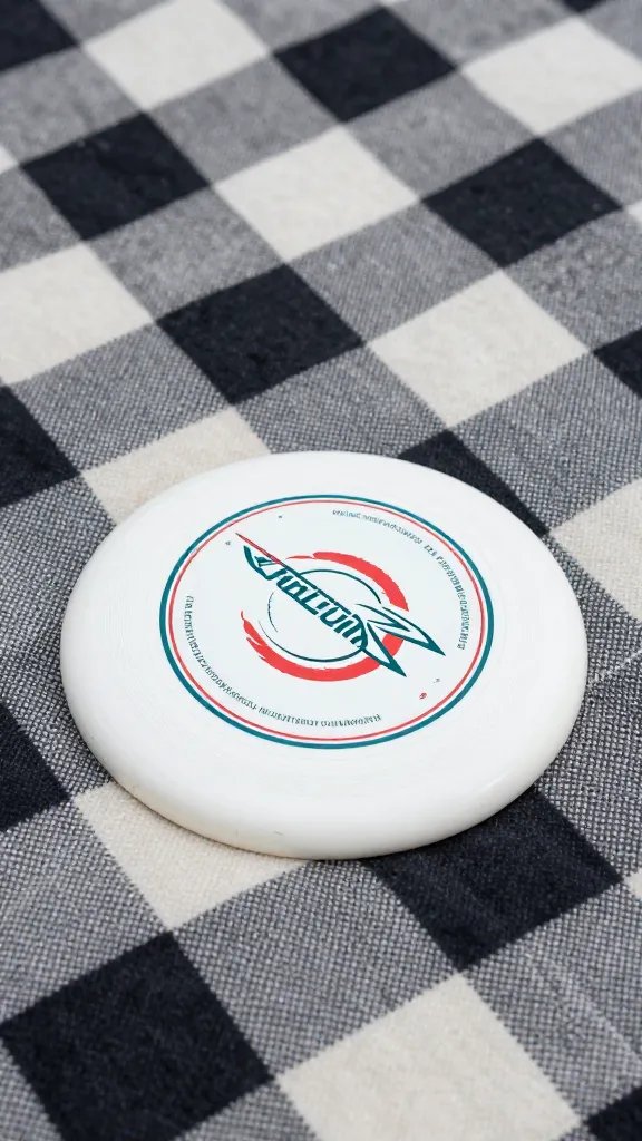 Closeup of a lone frisbee resting on a checkered blanket
