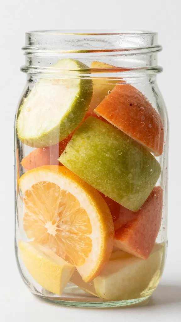 Closeup of a single mason jar filled with colorful fruit slices
