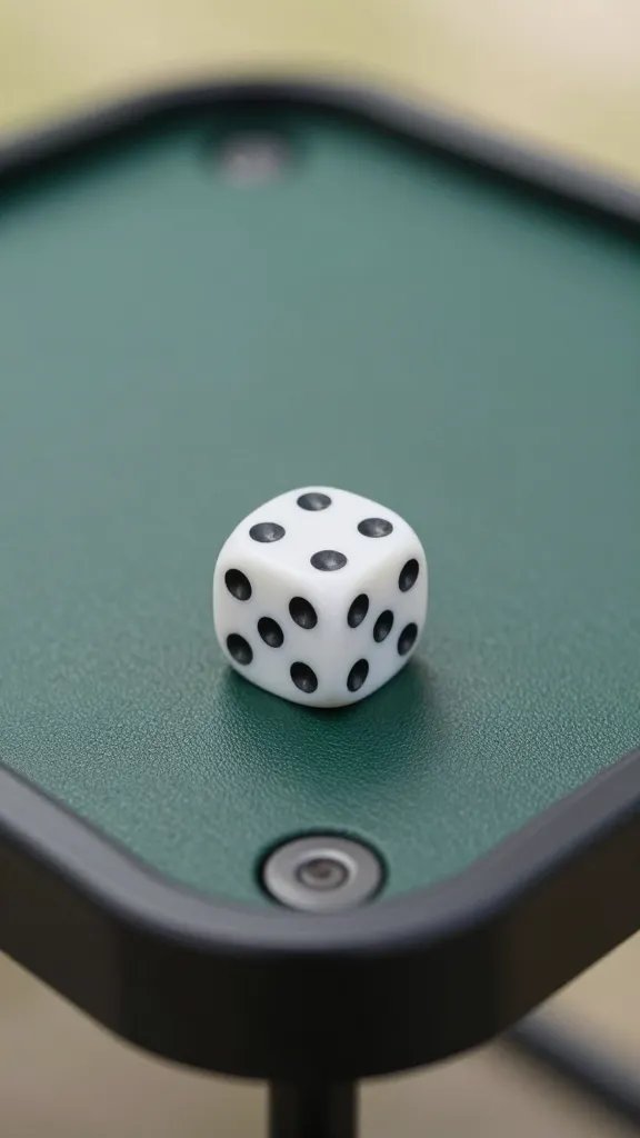 Closeup of a single set of lawn dice on a portable table