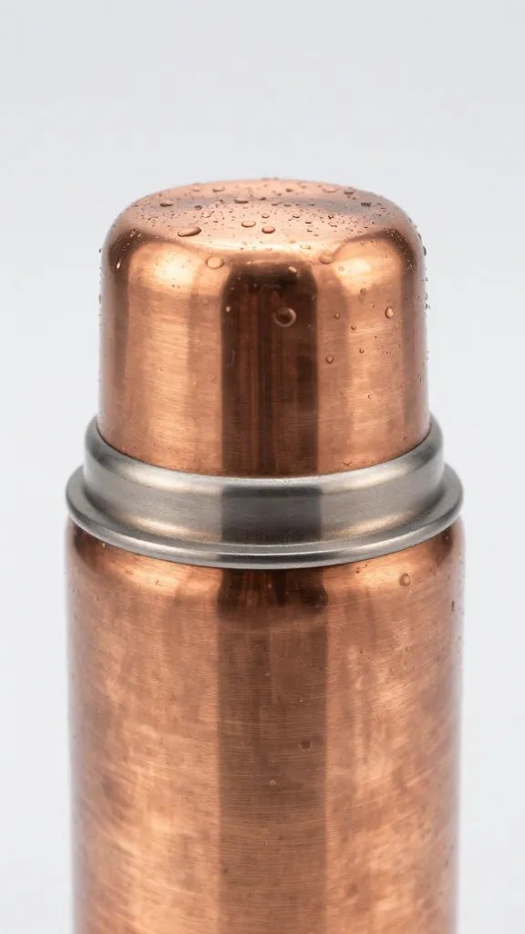 Closeup of a single copper thermos with condensation on lid