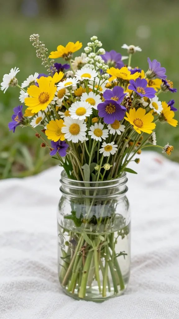 Closeup of a single bouquet of wildflowers in a mason jar on blanket