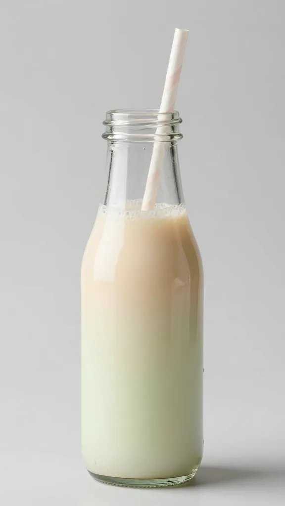 closeup of a single glass bottle with pastel drinks and straw