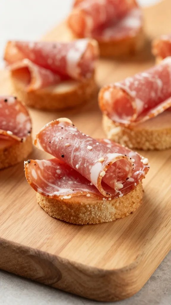 closeup of a charcuterie bite on a wooden board