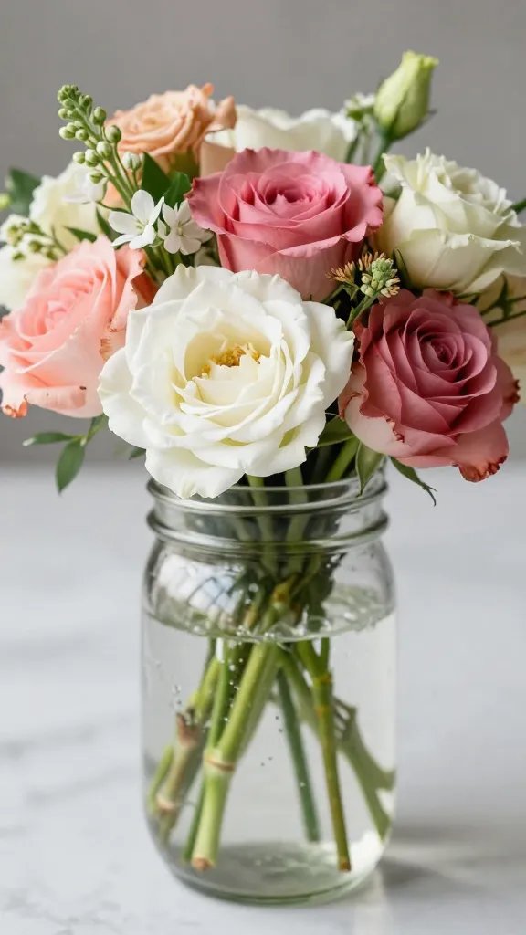 closeup of a single mason jar floral arrangement
