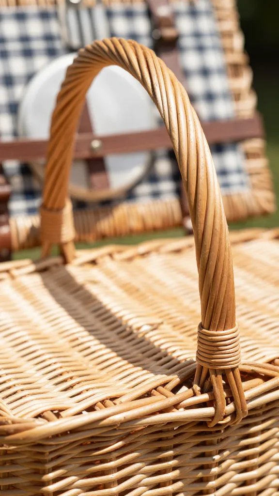 closeup of a wicker picnic basket handle with sunlight