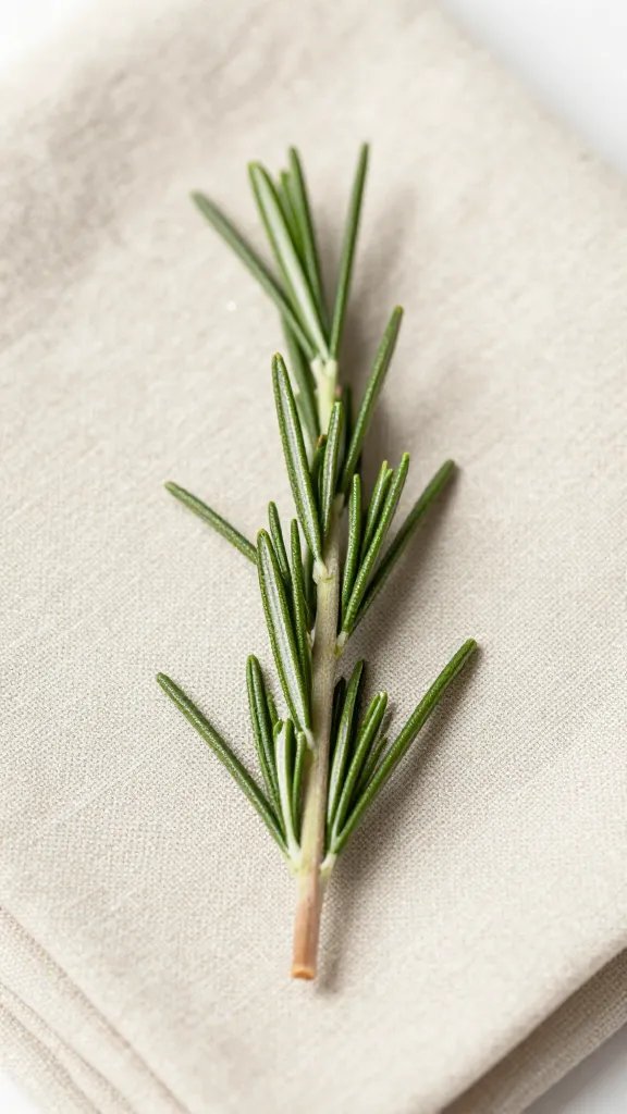 closeup of a single sprig of rosemary on linen napkin