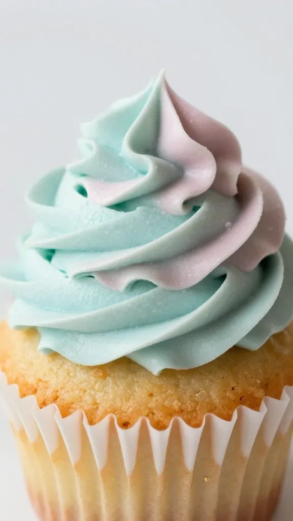 closeup of a single cupcake with pastel frosting