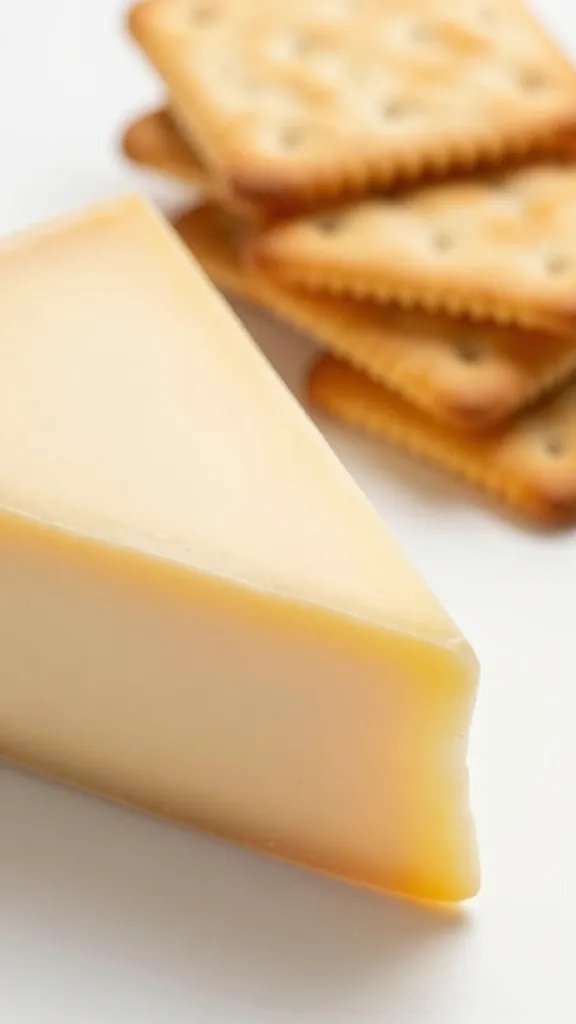 closeup of a lone cheese wedge beside crackers