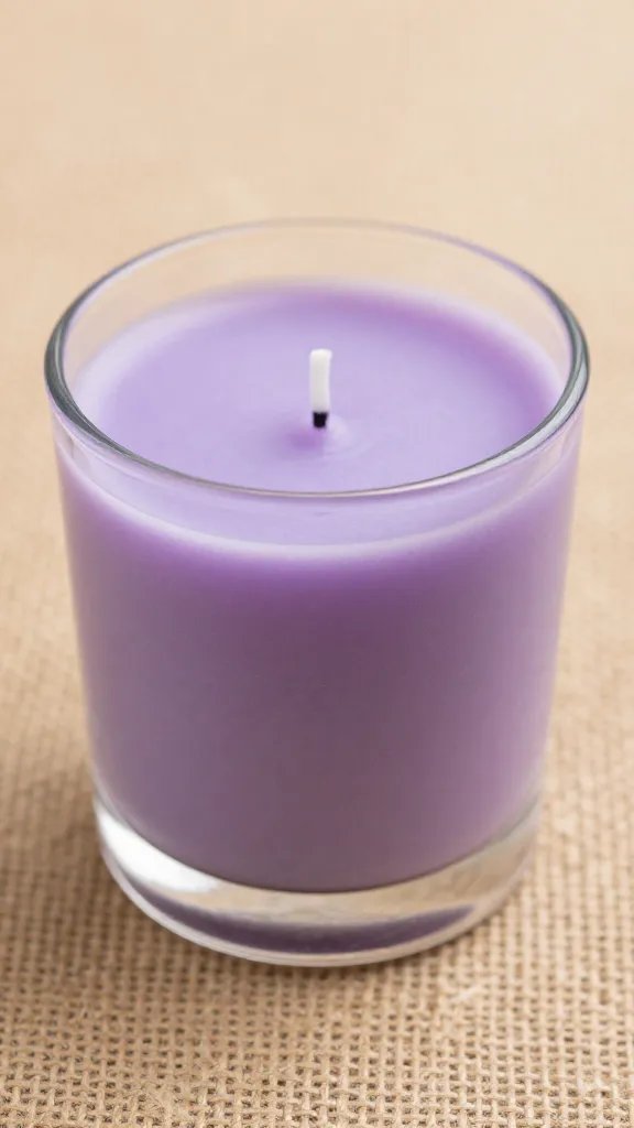 closeup of a single lavender-scented candle on burlap